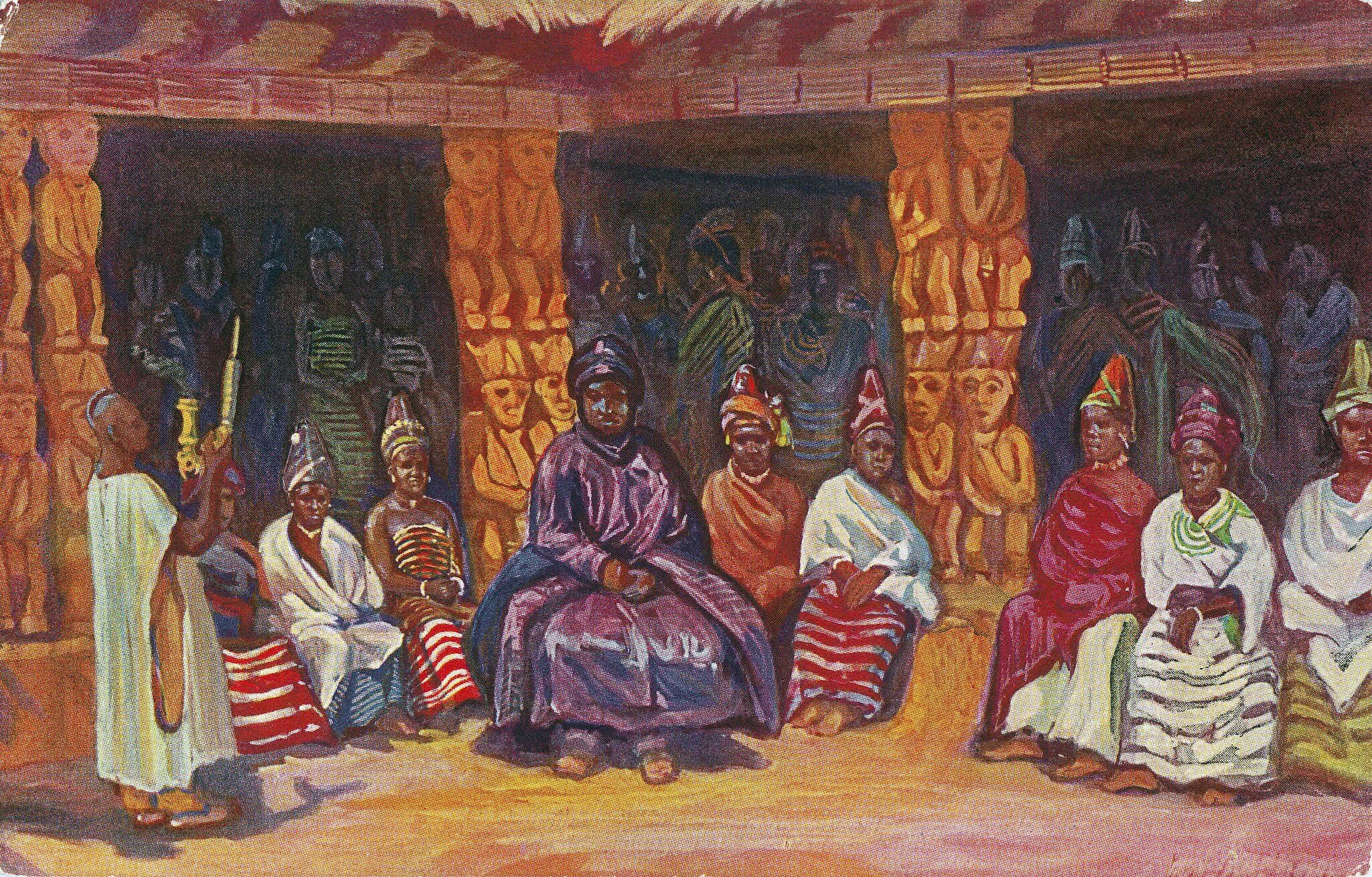 Obraz przedstawia afrykańskiego króla w purpurowych szatach, siedzącego między 8 kobietami. W tle widać ozdobne kolumny pałacowe oraz tłum kłębiący się w cieniu. Z lewej strony stoi postać trzymająca z namaszczeniem ceremonialny złoty przedmiot (fajkę?).
