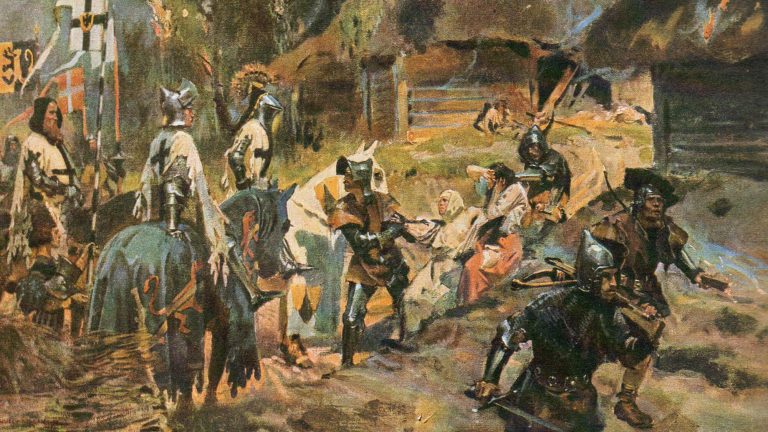 Obraz przedstawia najazd Krzyżaków na pruską wieś. Po lewej widać rycerzy w białych płaszczach z czarnymi krzyżami siedzących na koniach i przyglądających się napaści. W centralnej części żołnierze piechoty ciągną i uderzają wiejskie kobiety. Dookoła płoną chaty.